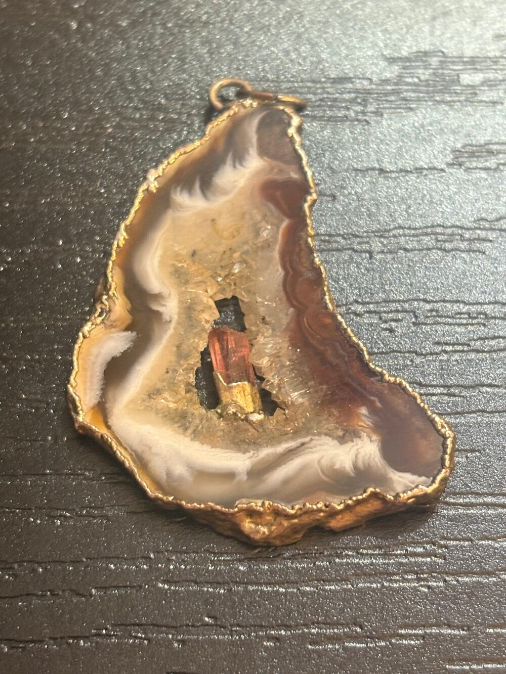 Genuine Agate Geode Druzy Crystal Gold Tone Pendant